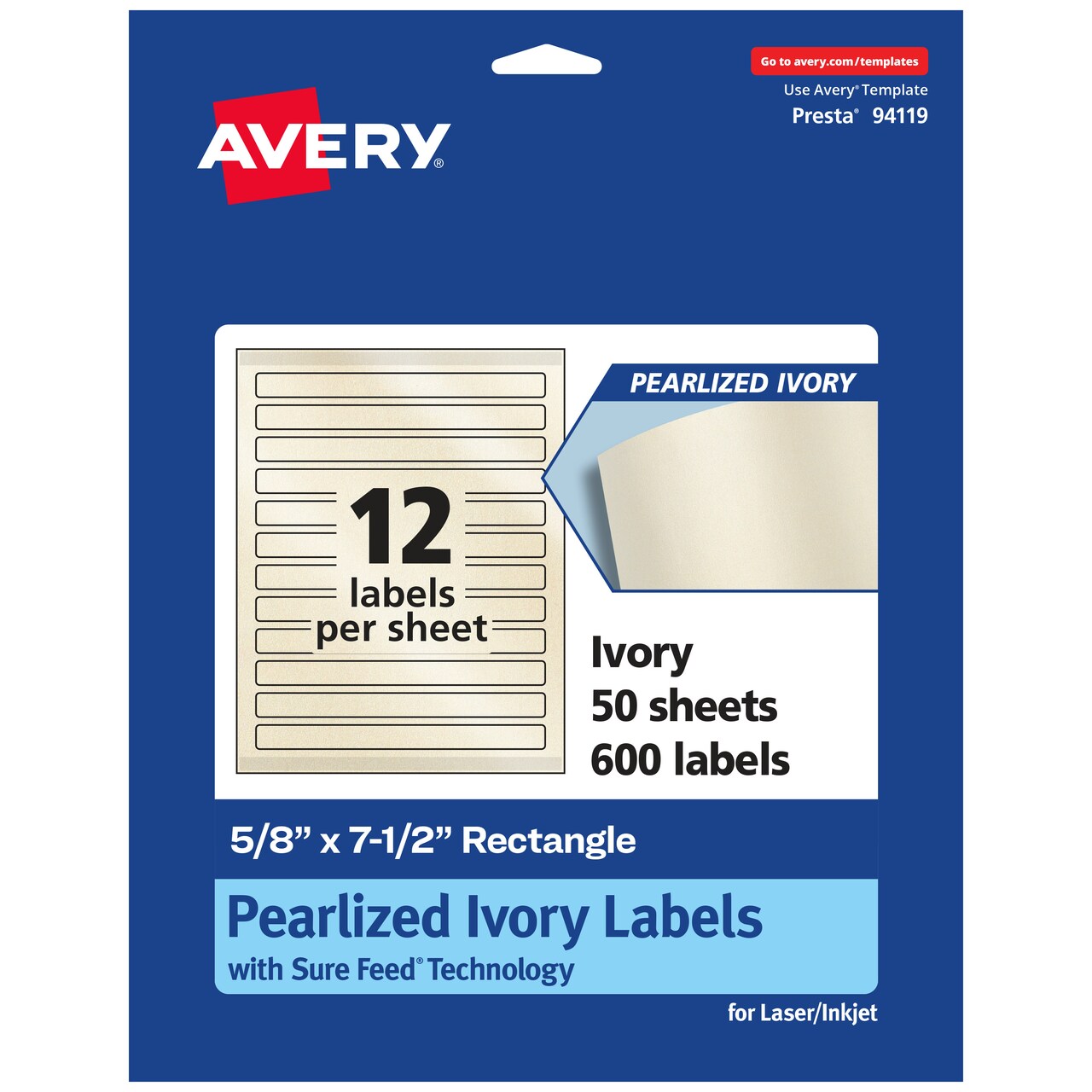 Avery Pearlized Ivory Rectangle Labels with Sure Feed Technology, Print-to-the-Edge, 5/8" x 7-1/2"